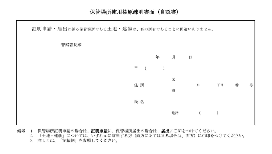 保管場所使用権原疎明書面（自認書）